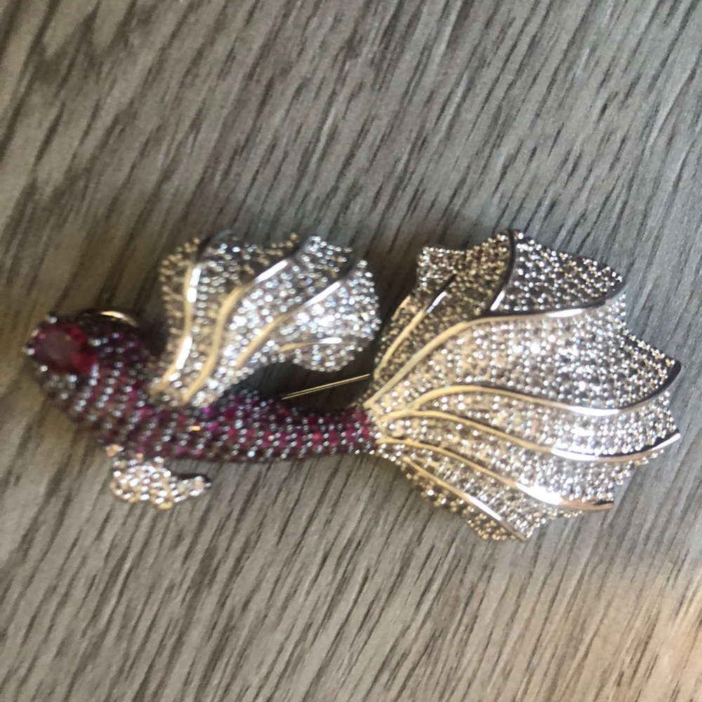 Elegant Silver and Red Fish Brooch with Crystal Accents NWOT